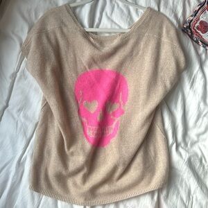 Skull cashmere short sleeve sweater with pink skull
